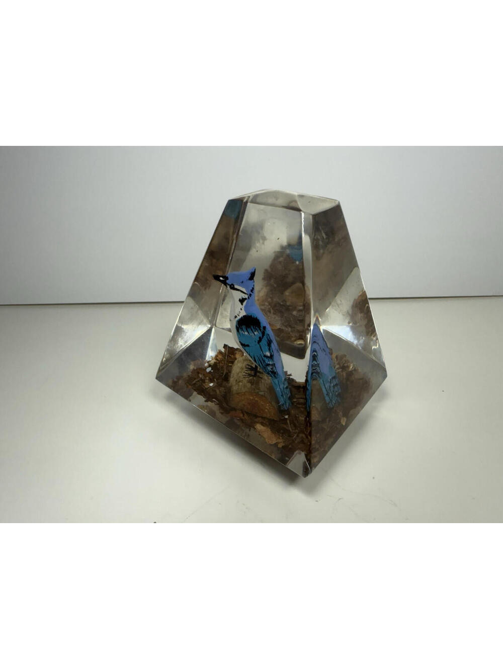 Vintage Hand Carved Wood Blue Jay Bird Optic Faceted Views Acrylic Paperweight - Picture 2 of 6